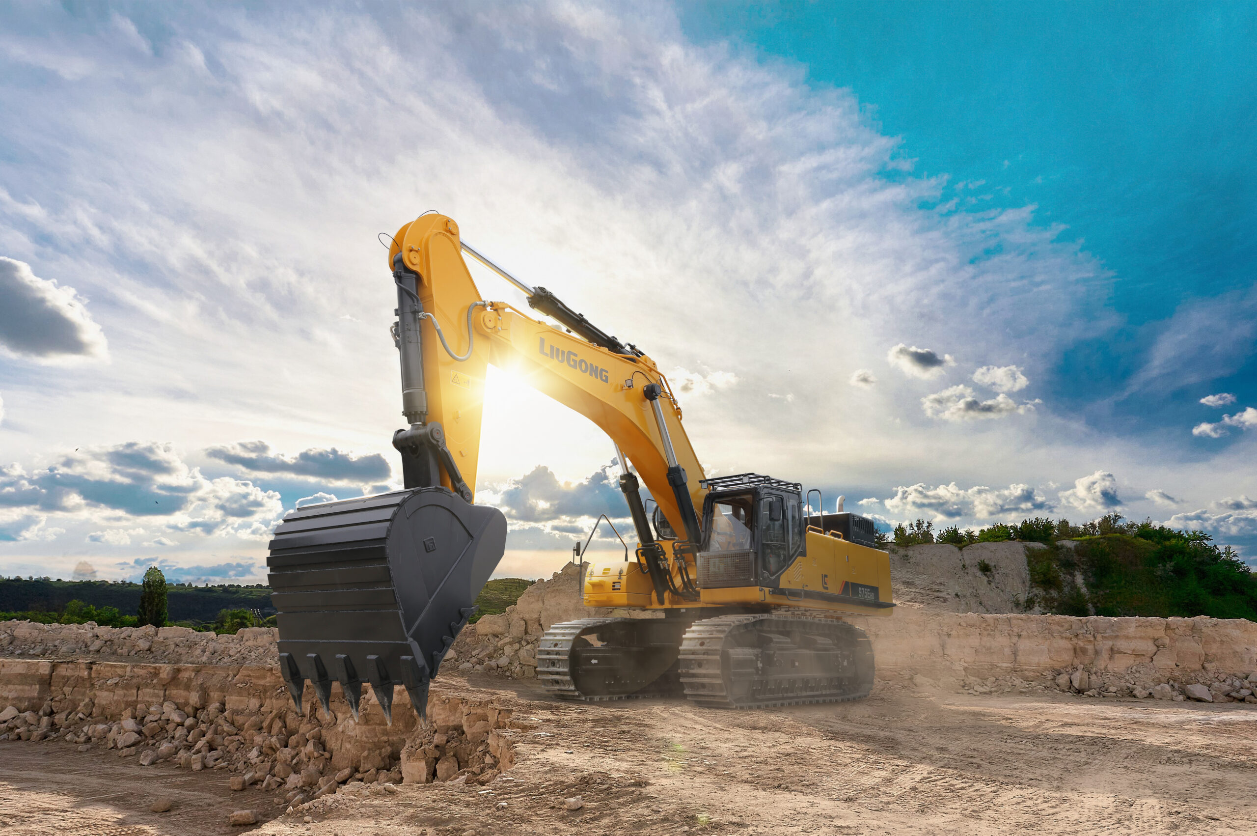 Excavator at a construction site against the background of a tower crane. Construction, technology